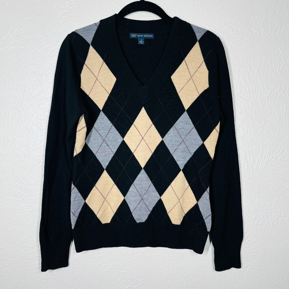 Brooks Brothers 346 100% Merino Wool Black Argyle Pattern Dark Academia Sweater